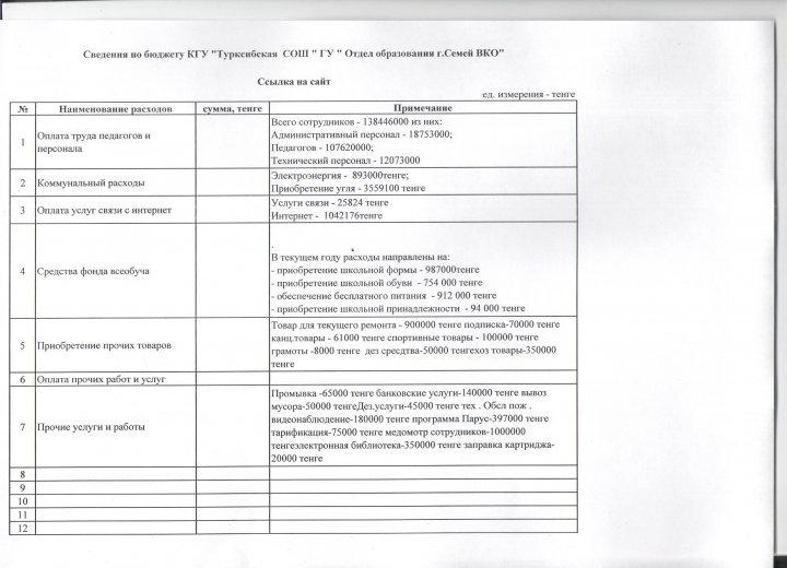 Сведения по бюджету КГУ "Турксибская  СОШ "